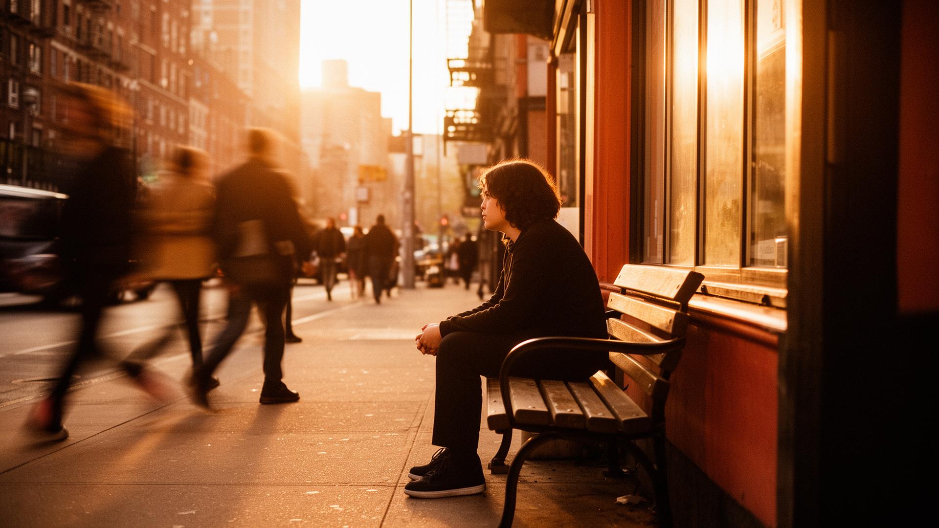 A quiet city bench at golden hour